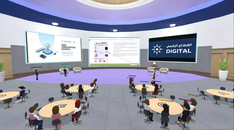Mesas redondas en plataforma virtual 3D con avatares